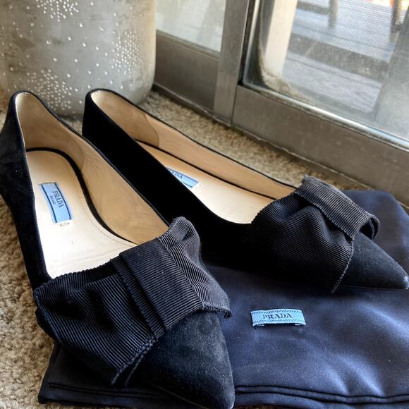 Prada Suede Ballet Flats Grosgrain Bow Pointed Toe Black 5 - Picture 3 of 7